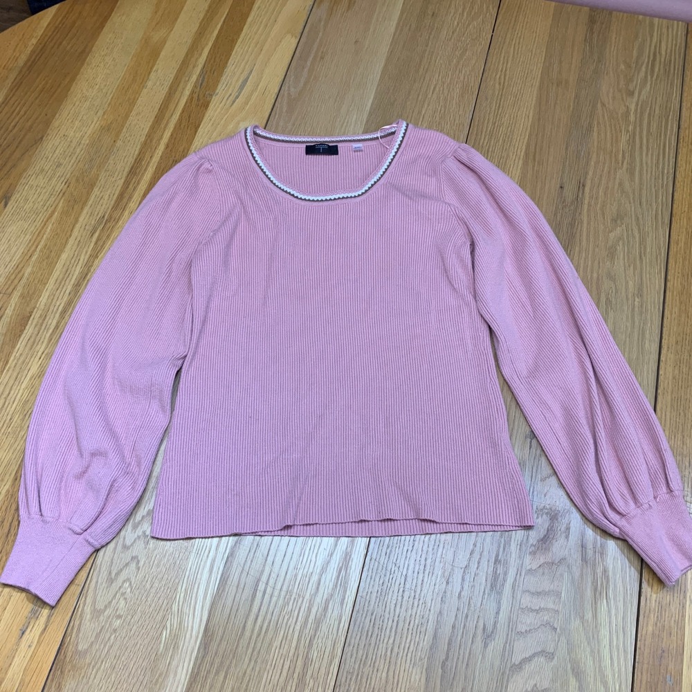 Tahari Womens Pink Ribbed Balloon Sleeve Scalloped Neck Sweater Size XL Pullover